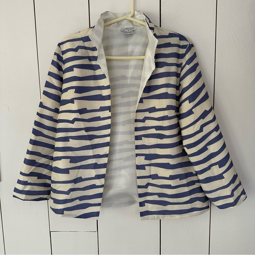 VTG Grace Chuang New York Striped Open Jacket Sz S Navy White Coastal